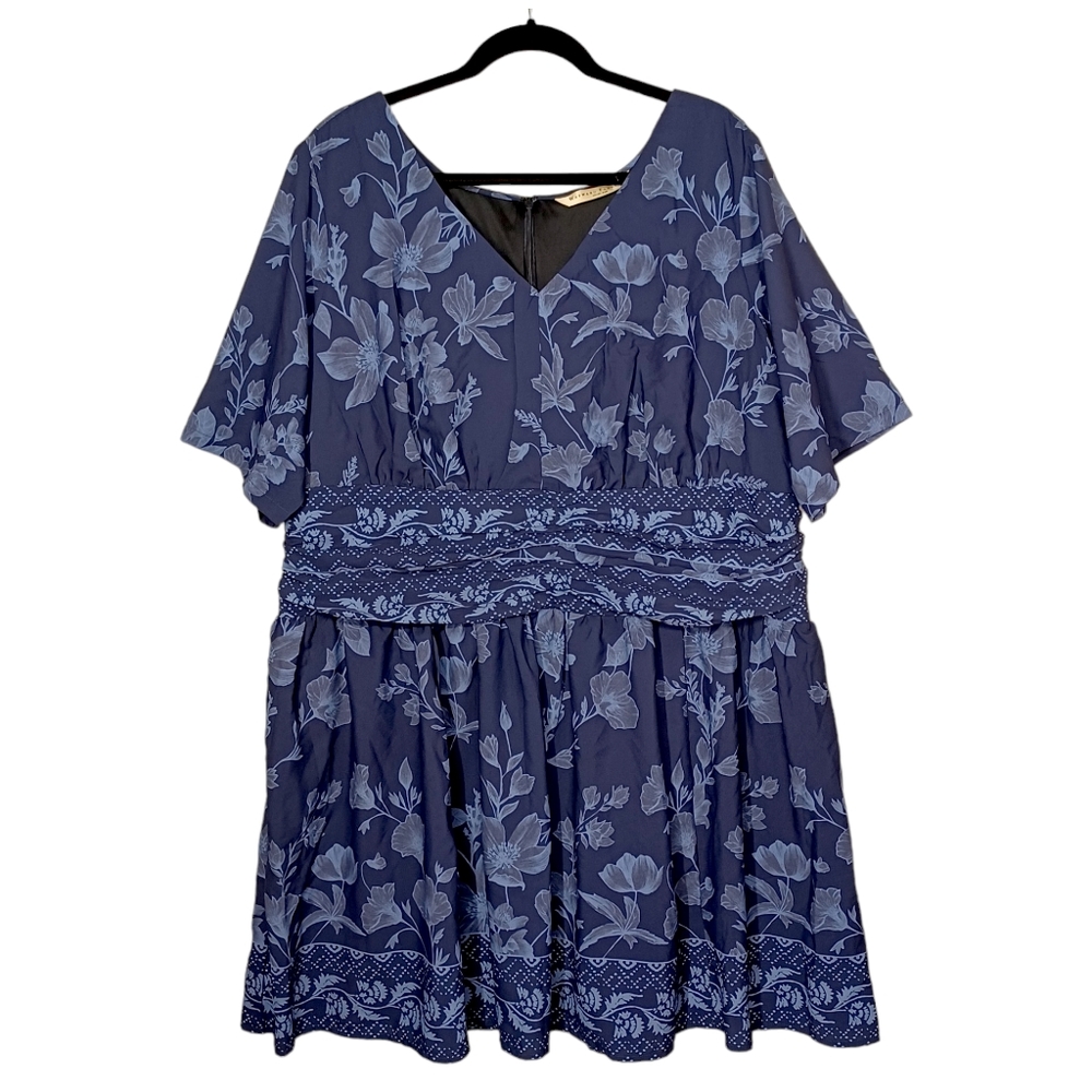 WAYWARD FANCIES Blue Floral Print Short Sleeve A-Line Dress 3X (26W)